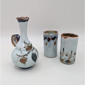 Vintage signed Ken Edwards Tonalá set tiny ewer pitcher & two cups grapes leaves